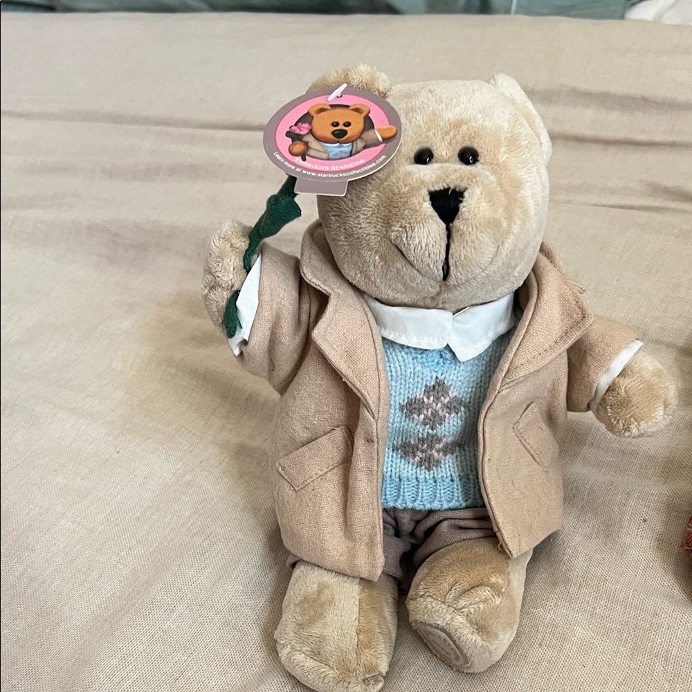 NWT Starbucks Bearista Tan Teddy Bear with Blue Sweater. 45th Edition
